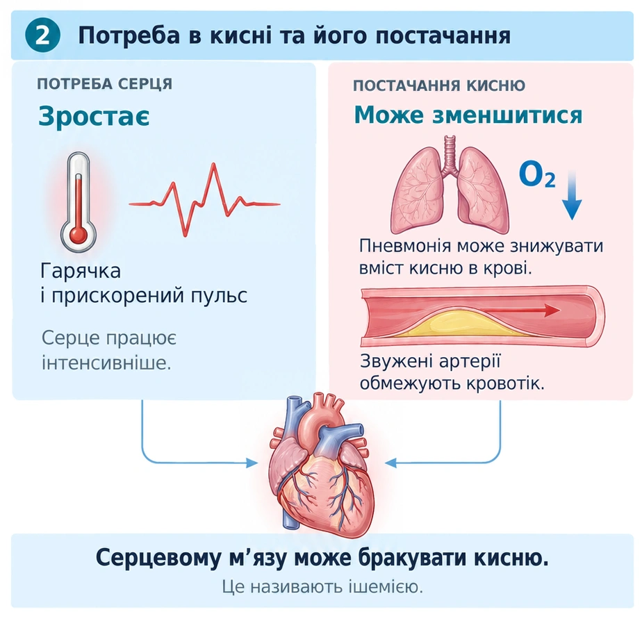 Гарячка і прискорений пульс збільшують потребу серця в кисні, а при пневмонії кисню в крові стає менше.